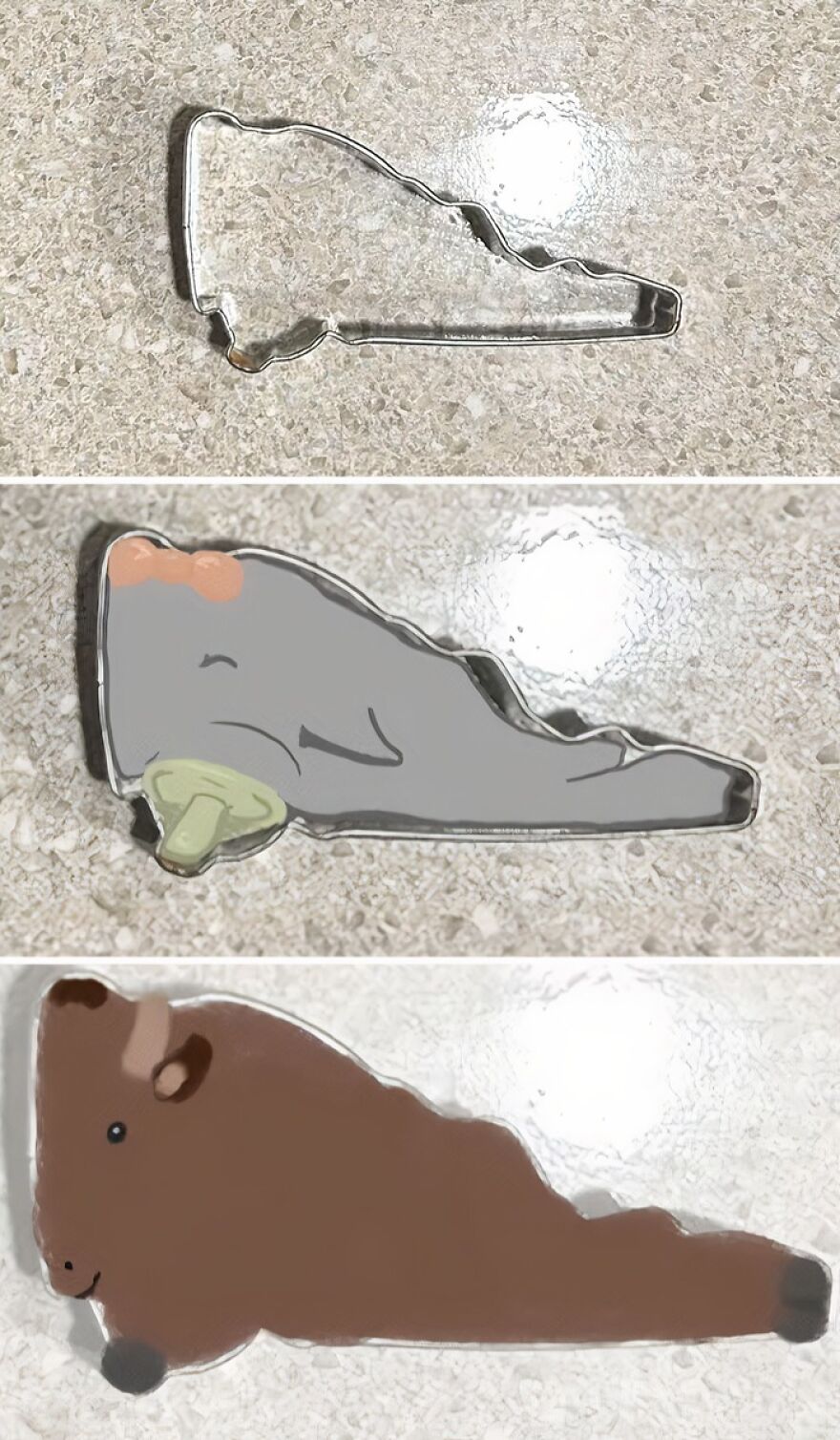 A cookie cutter transforming from a complex shape into a s***m whale, then a bison. Shows amazing cookie shapes.