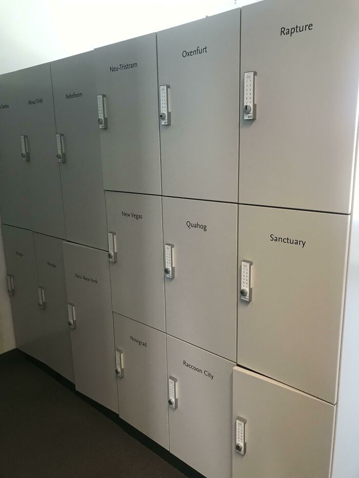 School lockers with video game-themed names and combination locks
