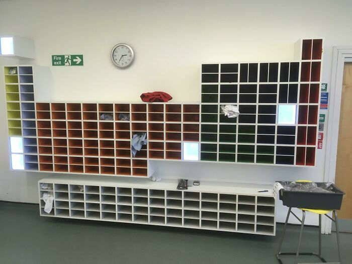 Storage cubbies arranged in the shape of a pixelated video game character