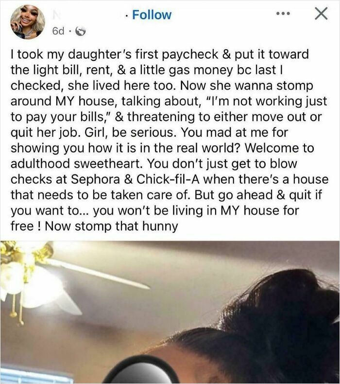 A social media post from a woman detailing her daughter's first paycheck and the "insane parents" method of teaching responsibility.