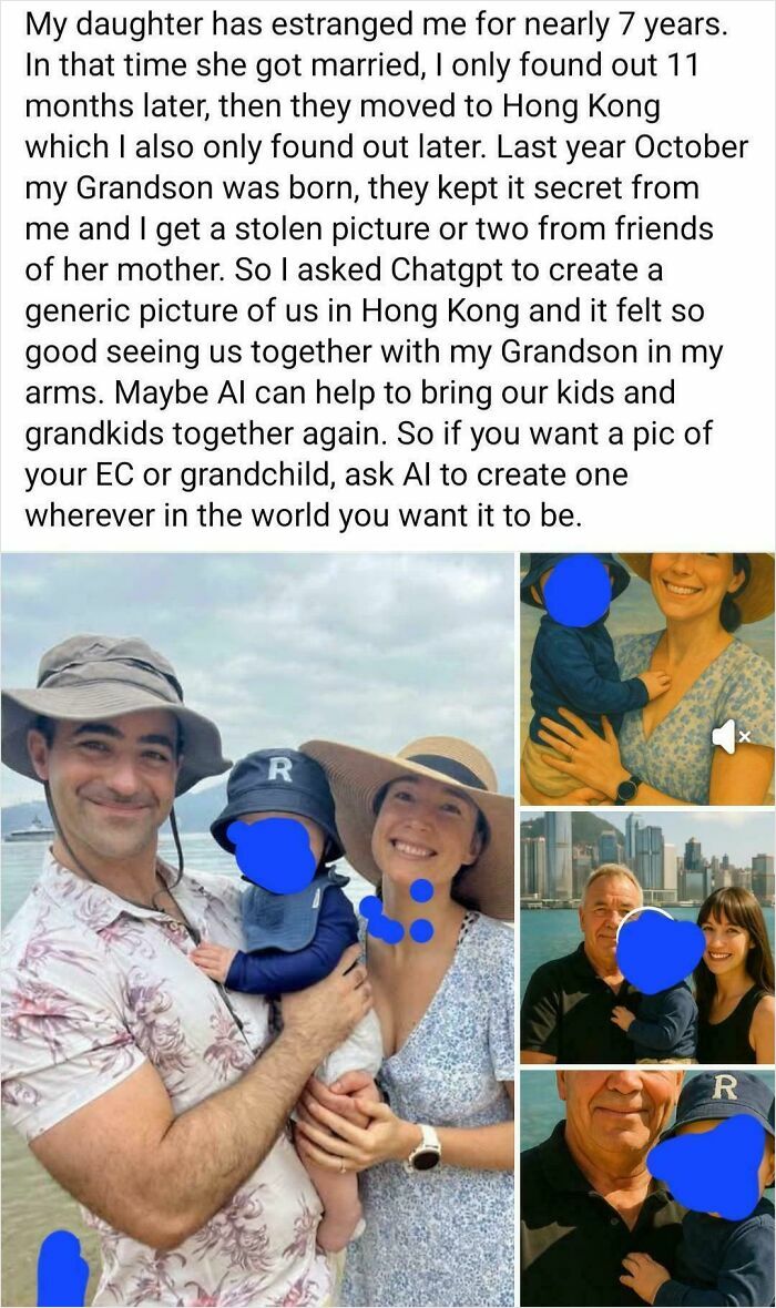 A person explains their estranged daughter, revealing "insane parents" experiences and using AI to create family pictures.
