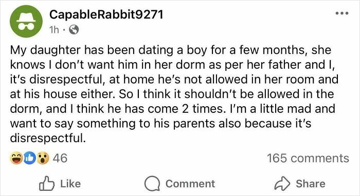 A Facebook post from CapableRabbit9271 about a daughter dating a boy, an example of insane parents.