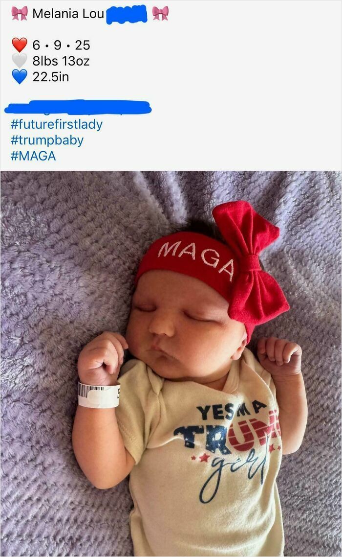 A sleeping infant named Melania Lou wearing a MAGA headband and a Trump themed onesie, illustrating insane parents.