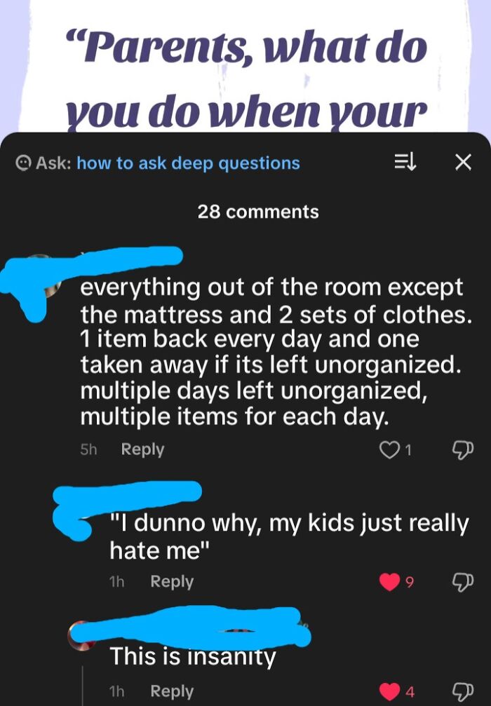 A social media post on Reddit about Insane Parents. Comments include strict parenting rules and a reply saying, "This is insanity".