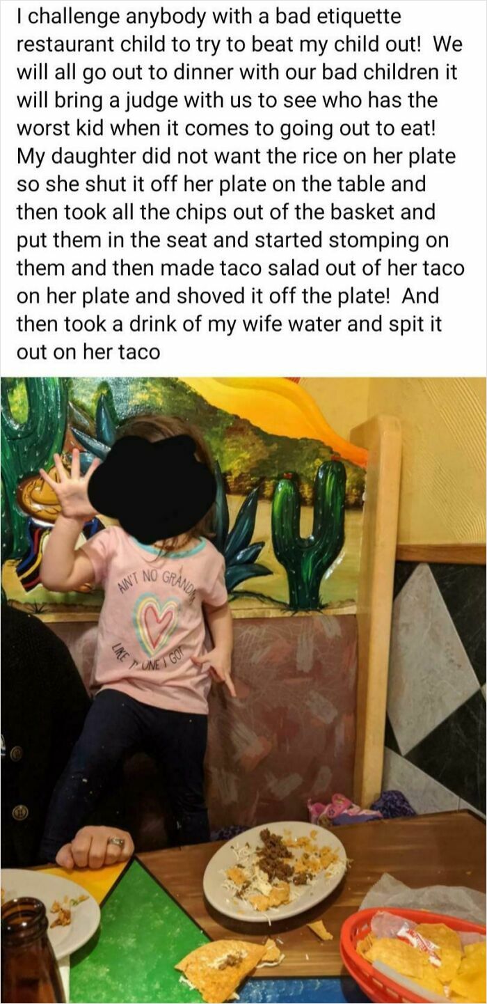 Parents Bragging On Facebook About Their Kid's Awful Behavior While Out To Dinner At A Restaurant