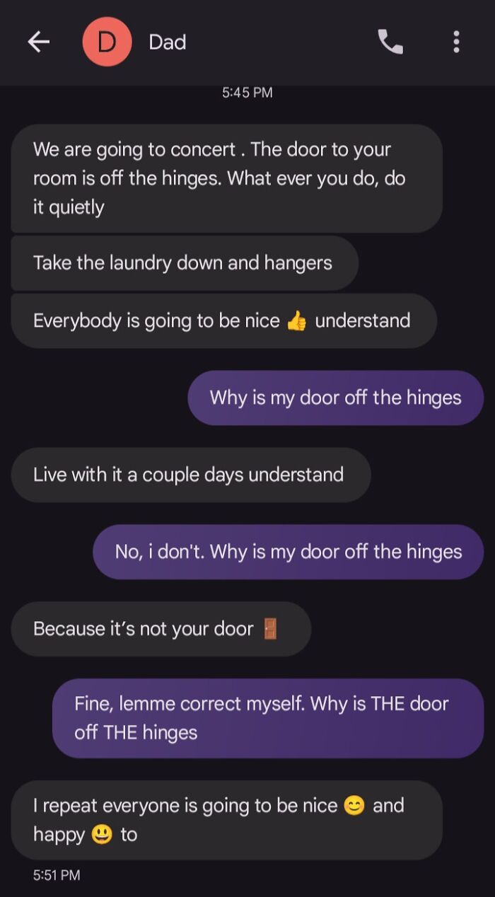 A screenshot of a text conversation with Dad about a door off its hinges. An example of insane parents.