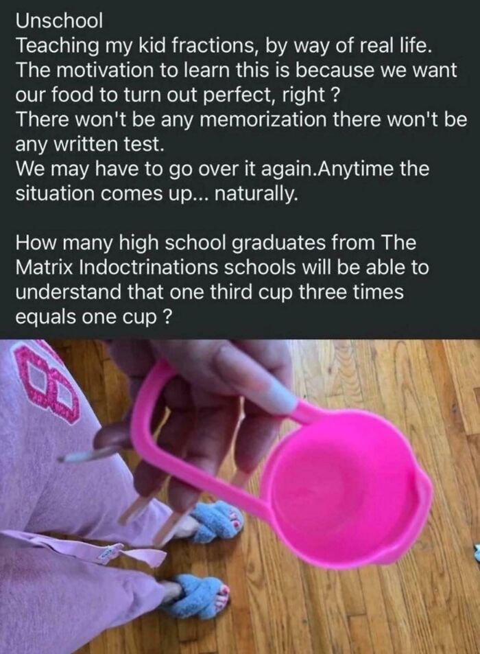 Text overlay above a hand holding a pink measuring cup, illustrating the concept of "insane parents" and unconventional teaching methods.