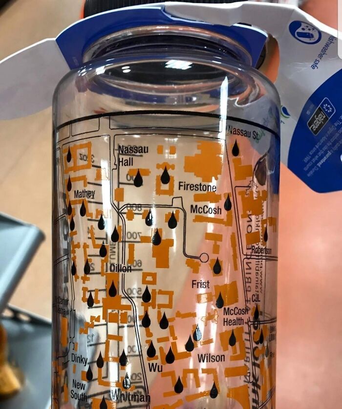 Water bottle with detailed university campus map and building names
