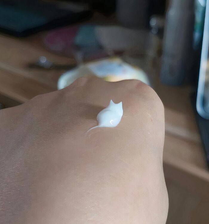 Pareidolia cream shaped like a white cat on a person's hand