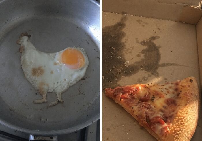 Fried egg and pizza grease stain resembling chicken and kangaroo shapes
