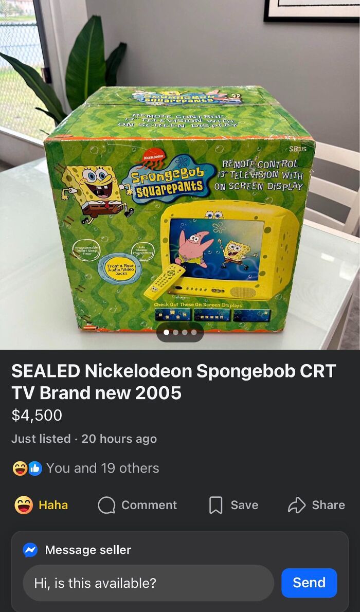 A sealed Spongebob Squarepants CRT TV from 2005 priced at $4,500 on Facebook Marketplace, an example of people selling trash.