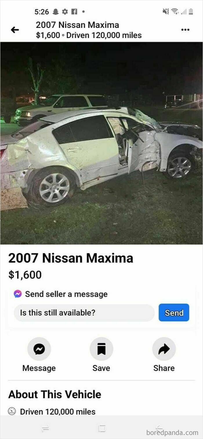 A Facebook Marketplace listing for a heavily damaged white 2007 Nissan Maxima priced at $1,600. Shamed for selling trash.