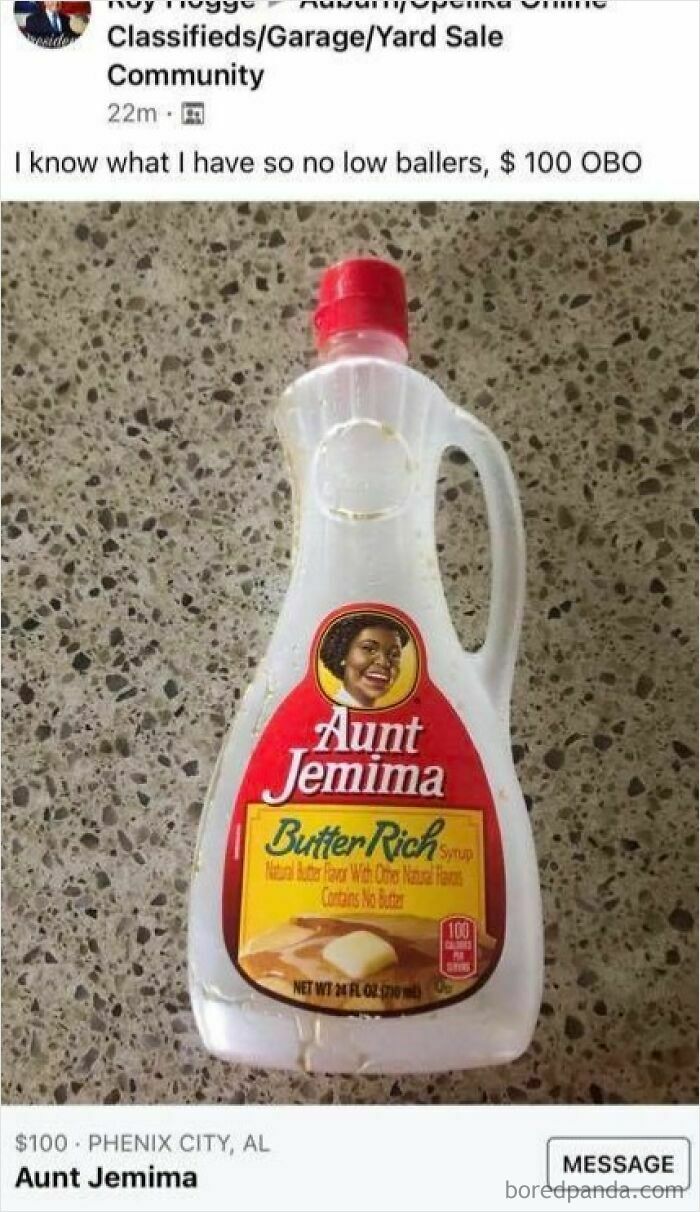 A Facebook post offering an old Aunt Jemima syrup bottle for $100, an example of people selling trash for quick money.