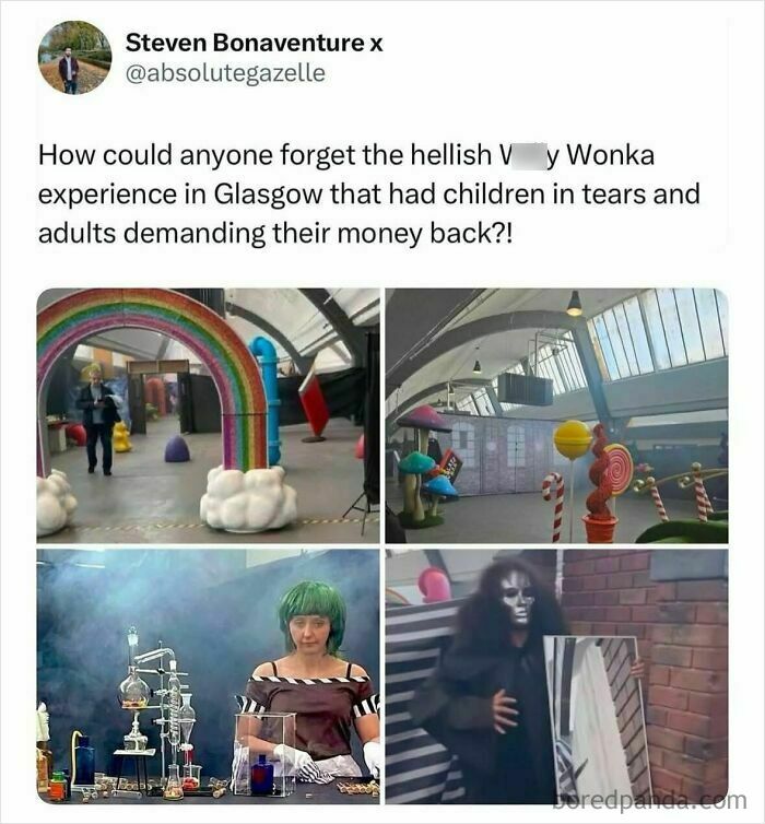 British memes about the Glasgow W***y Wonka experience, featuring a sad Oompa Loompa and a scary unknown character.