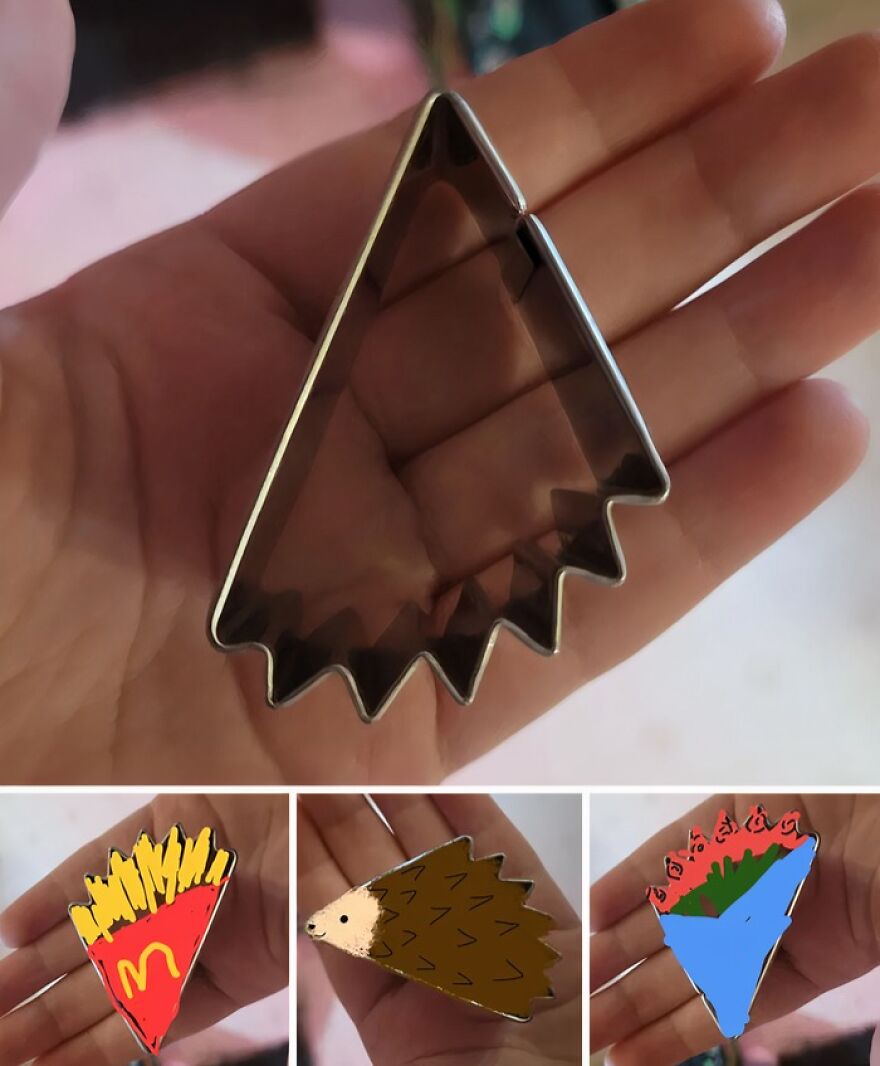 A hand holds a cookie cutter; below are examples of cookie shapes it could make: fries, a hedgehog, or a bouquet.
