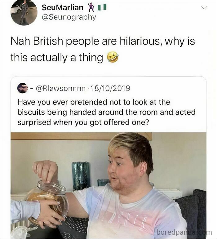 British memes: A man feigning surprise as a jar of biscuits is offered, relating to a relatable tweet.