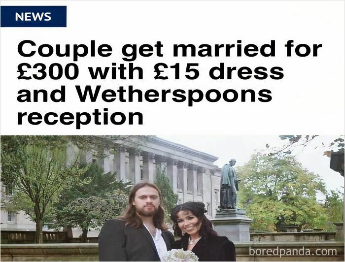 British memes: A news headline about a couple marrying for £300, with a £15 dress & Wetherspoons reception.