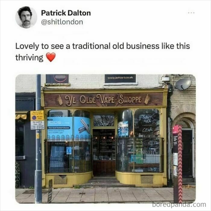 A shop with a traditional facade reads "Ye Olde Vape Shoppe," a British meme about rain, tea, and biscuits.