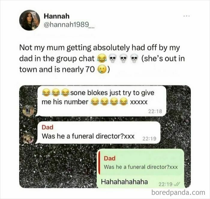 A British meme about a dad's witty reply in a group chat, asking if a bloke was a funeral director. Enjoy British memes.