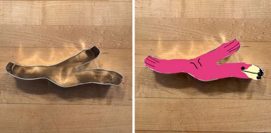 A cookie shape cutter on the left and a flamingo outline on the right, showing various cookie shapes.