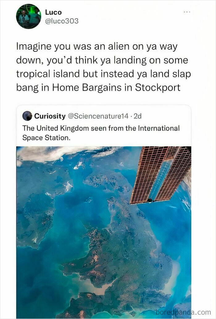 Satellite view of the UK, resembling a tropical island. A British meme about the land of rain, tea, and biscuits.