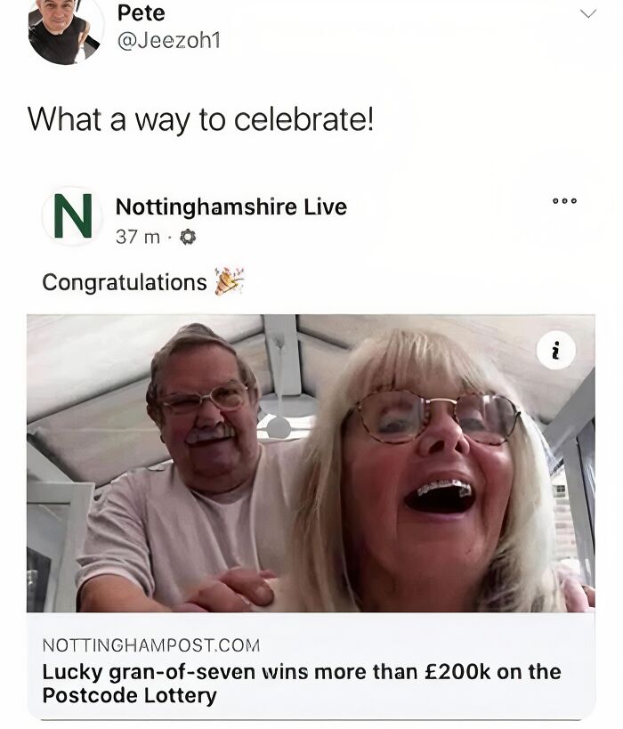 Happy British couple celebrating a lottery win, a great example of British memes and enjoying life's biscuits.