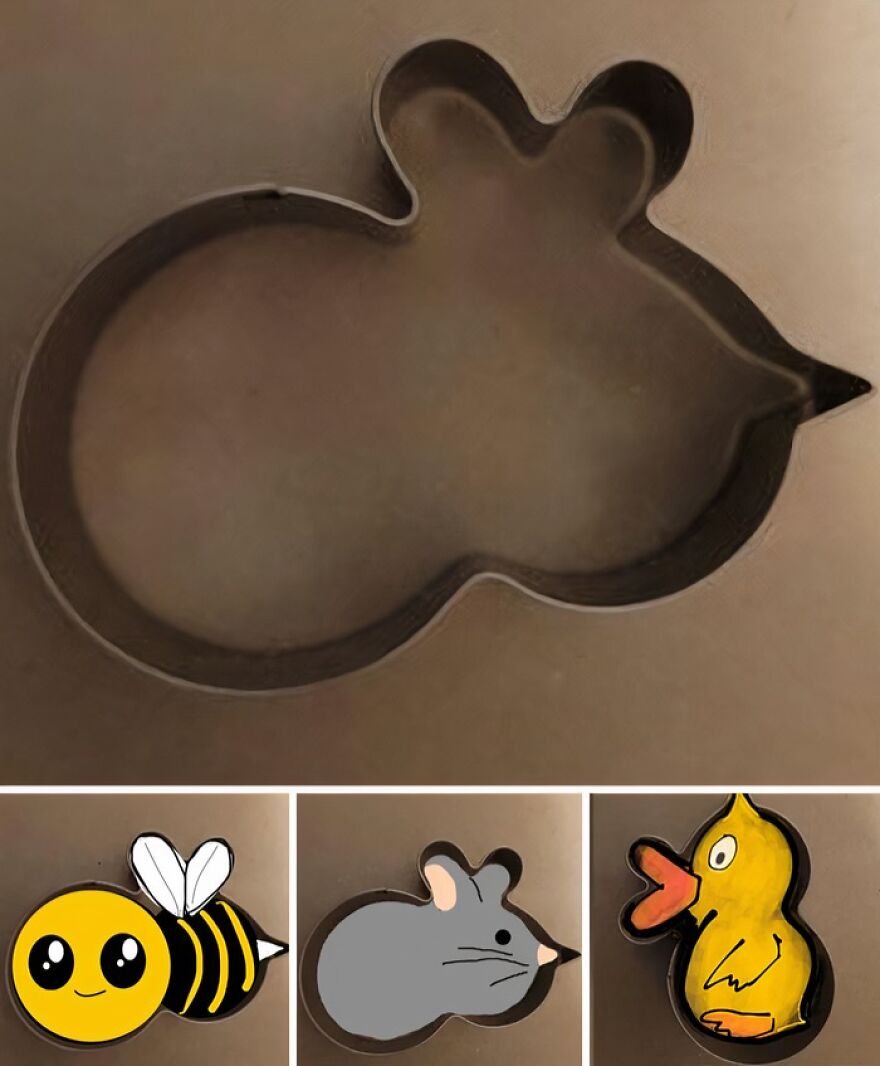 A metal cookie cutter shaped like a mouse, with illustrations showing it as a bee, mouse, and duck. Unique cookie shapes.