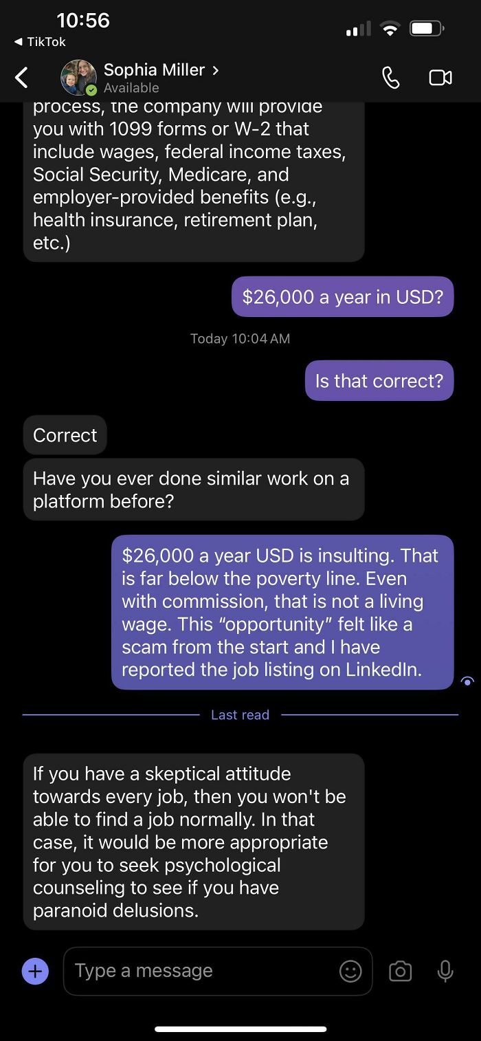 A text conversation showing a lowball job offer of $26,000/year and the recruiter's dismissive response, portraying recruiting hell.