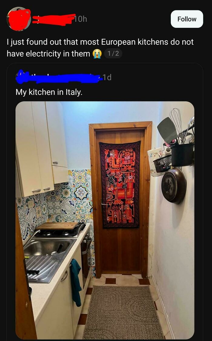 A post on social media where Americans confidently posted about electricity in a traditional Italian kitchen