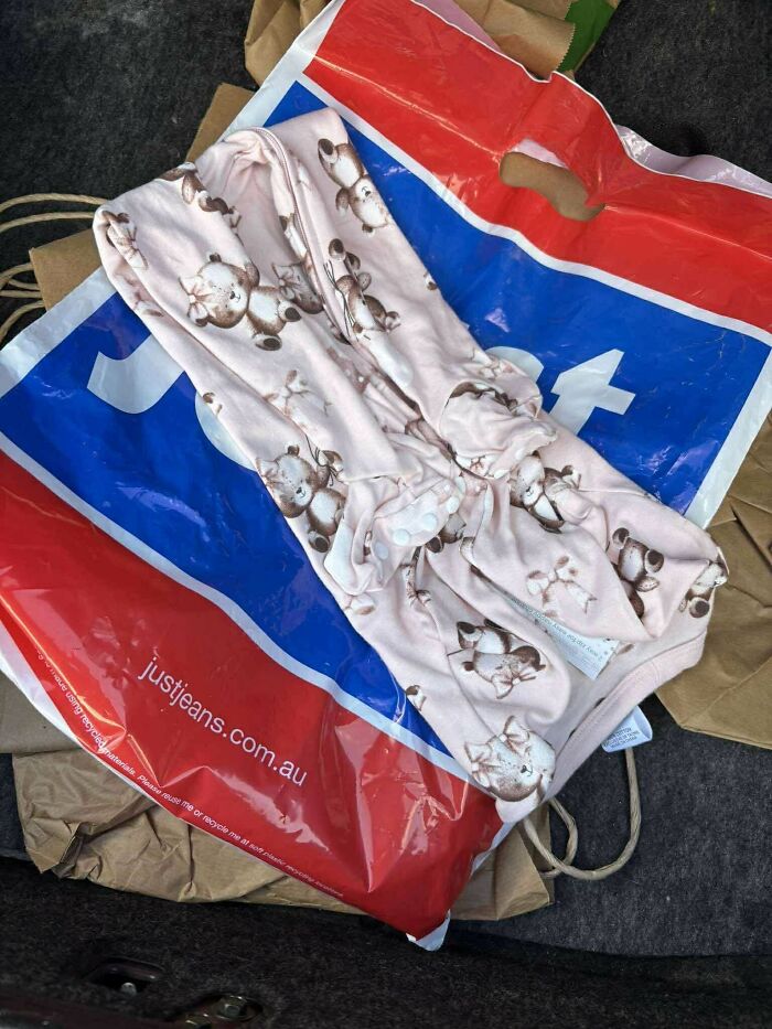Unusual teddy bear printed clothing on Just Jeans shopping bag