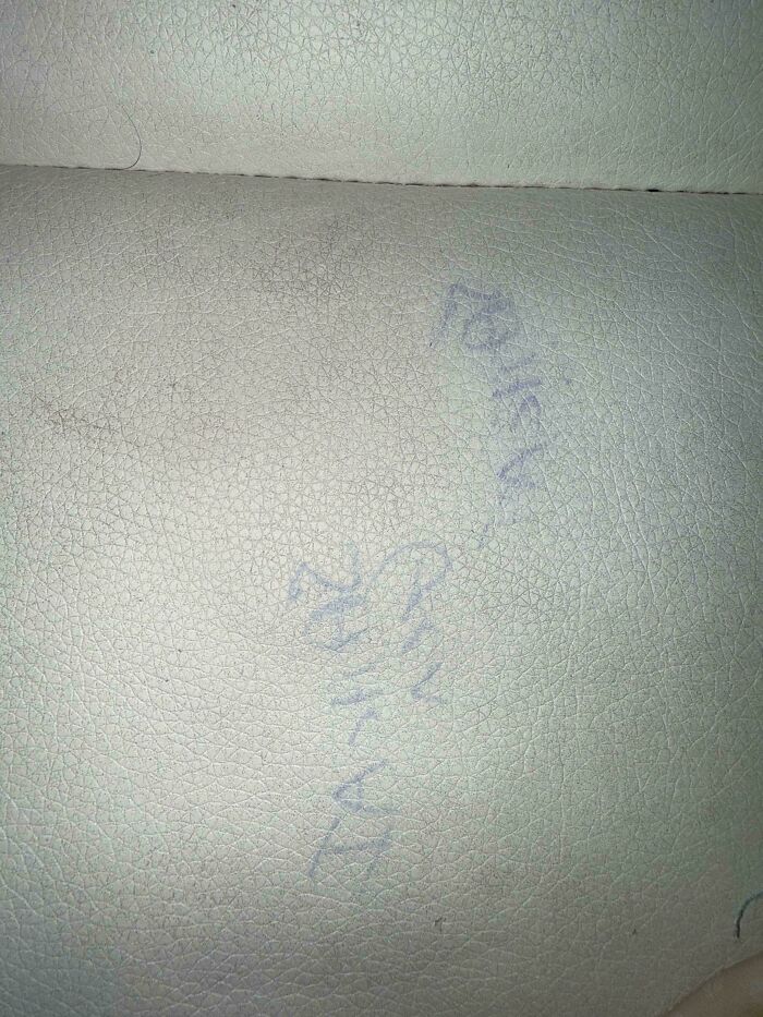 Faded blue ink handwriting on cracked white leather surface
