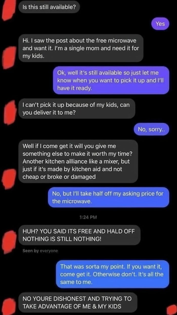 Text conversation showing a dramatic argument over a free microwave and delivery demands