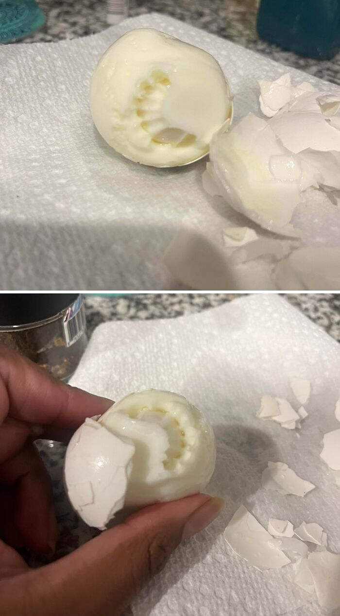 Boiled egg with unusual row of teeth-shaped indentations on white