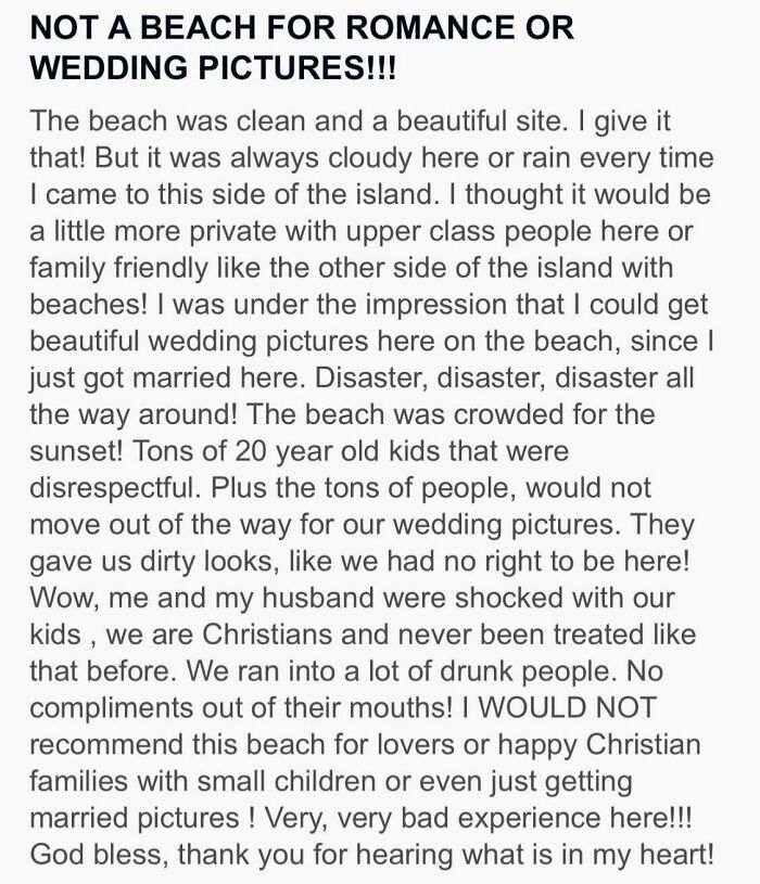 Dramatic review about beach experience ruining wedding pictures with disrespectful crowd and drunken people