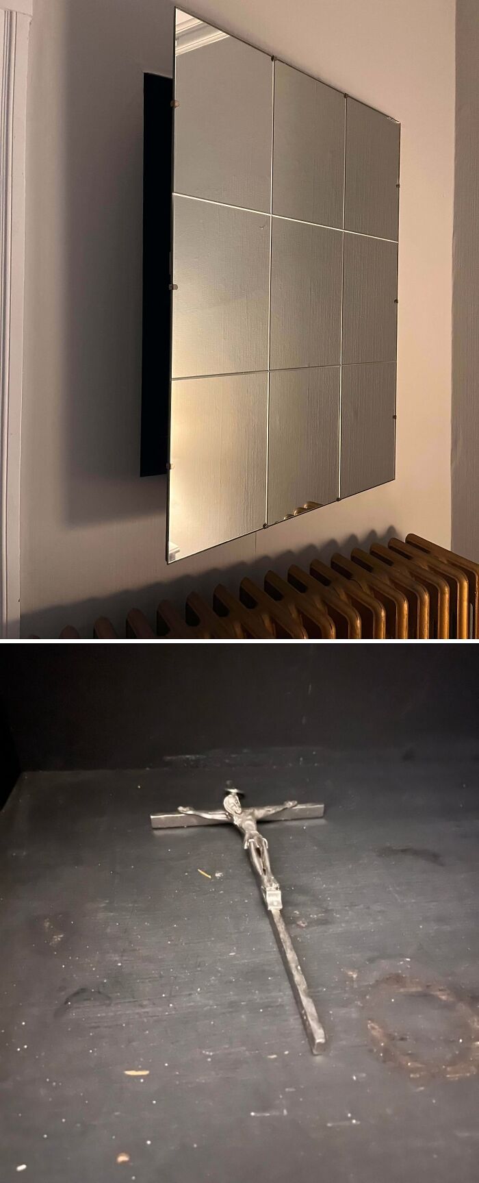 Wall mirror made from square tiles mounted above radiator