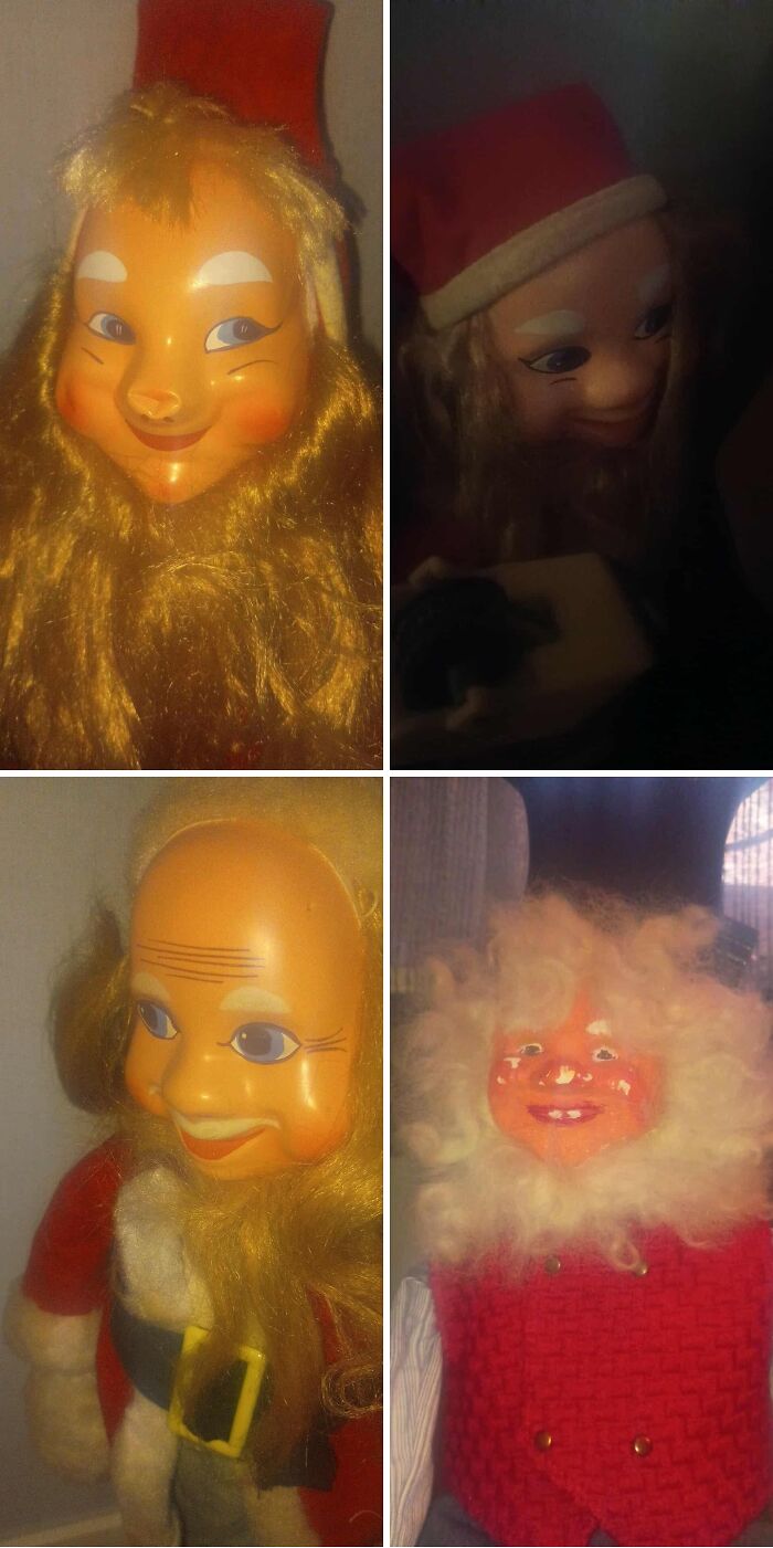 Creepy vintage Santa Claus dolls with strange facial expressions in dim light