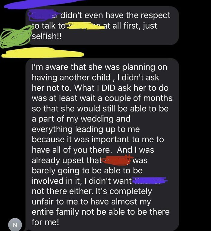 Text message complaining about family planning and wedding involvement issues