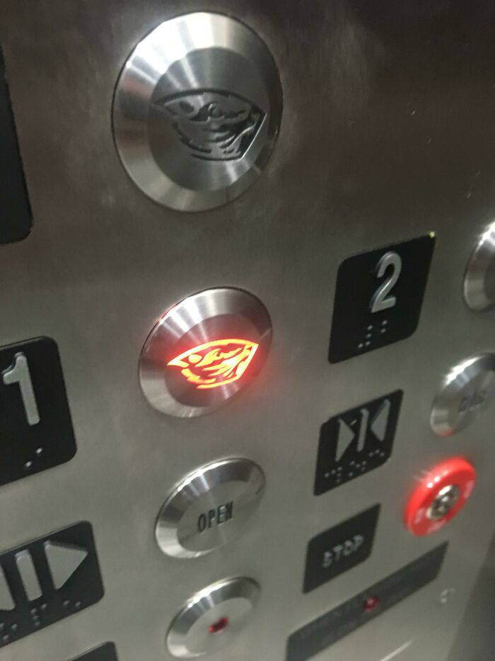 Elevator button featuring a University of Oregon logo lit up in an elevator panel