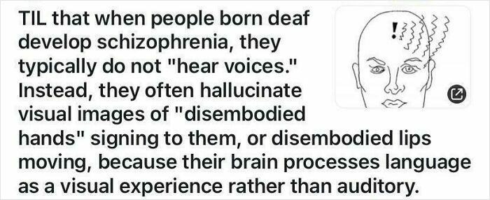 Text explaining hallucinations in deaf schizophrenia patients involving visual signs instead of voices