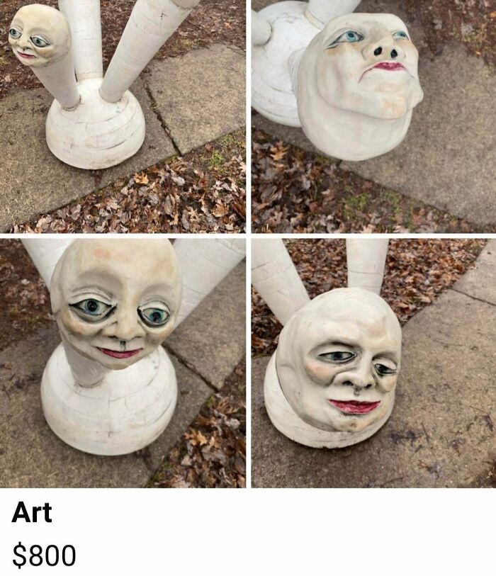 Unusual garden statues with distorted human-like faces displayed outdoors