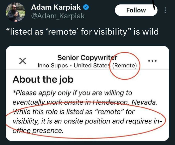 A tweet from Adam Karpiak highlighting a remote job listing that requires onsite presence, an example of recruiting hell.