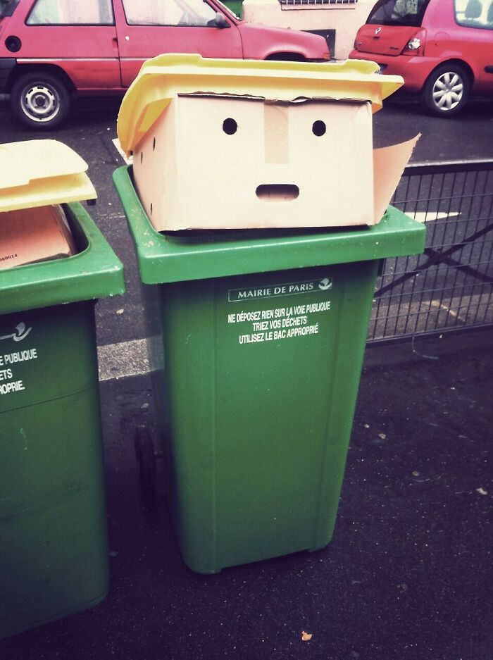 Trash bin with box lid resembling a surprised face in pareidolia photo