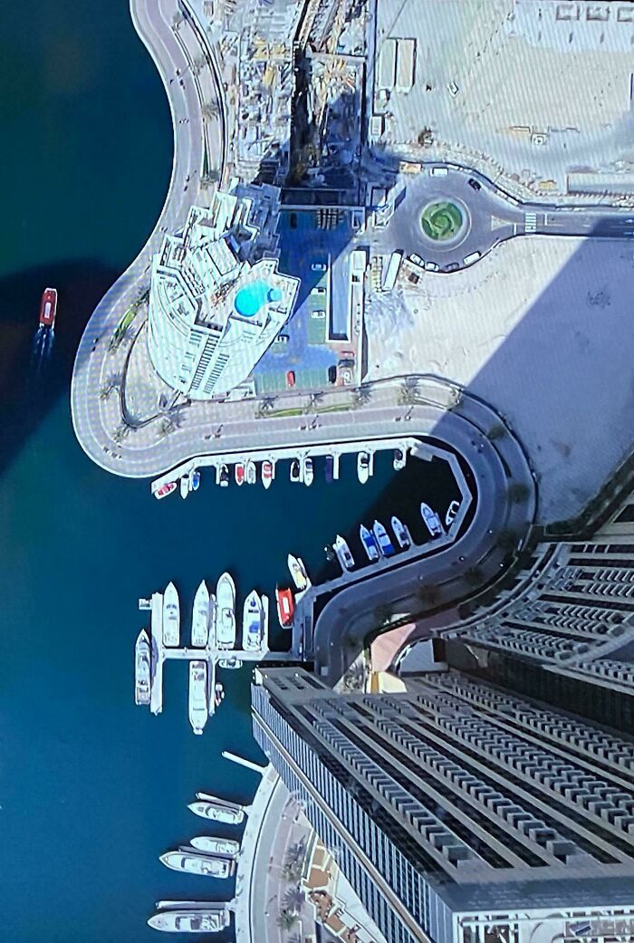 Aerial view of a marina resembling a fish shape pareidolia
