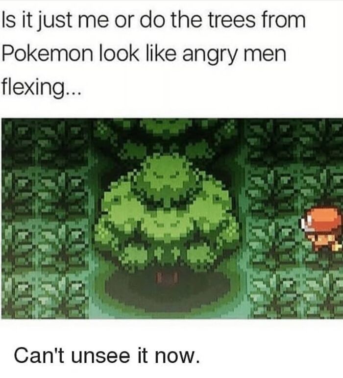 Pixelated video game trees look like angry men flexing pareidolia