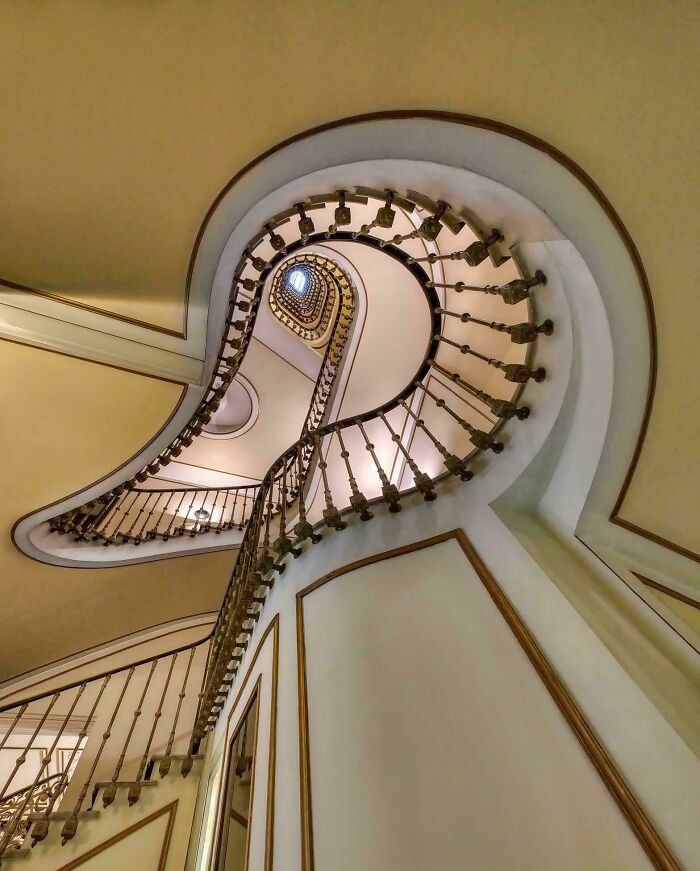Spiral staircase viewed from below forming an abstract pareidolia shape