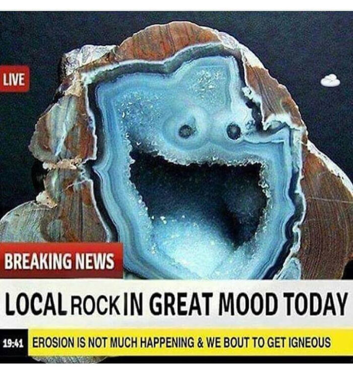 Pareidolia in rock mimicking a happy face on a news broadcast about local rock mood