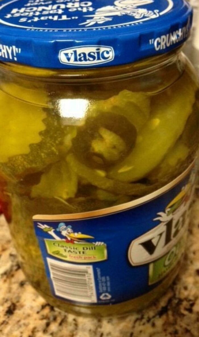 Jar of Vlasic pickles shows a pickle resembling a bearded face inside