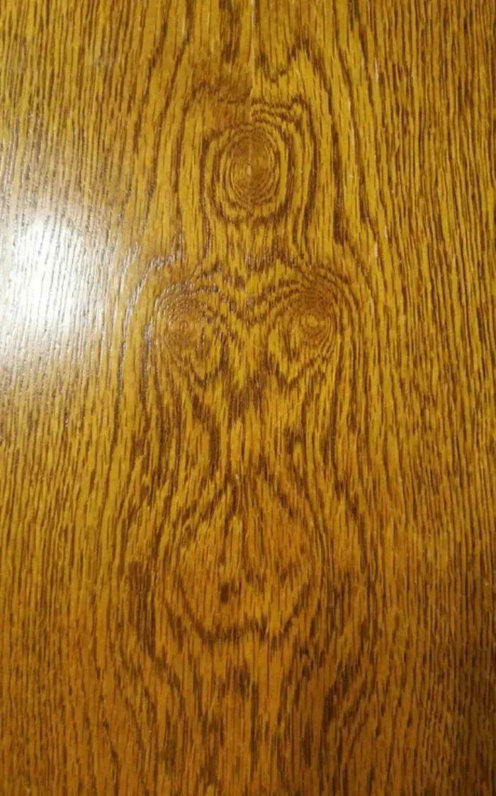 Wood grain pattern resembling an owl face through pareidolia