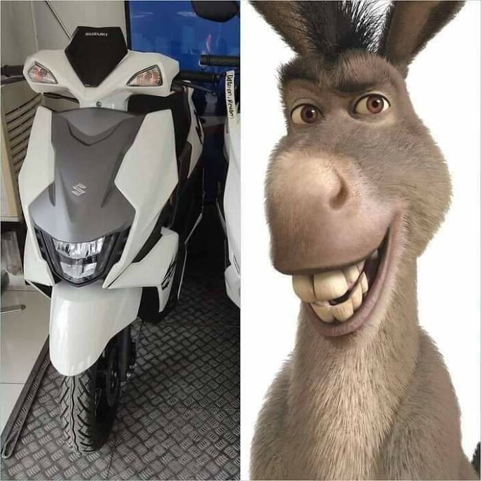 Motorcycle front view resembling animated donkey character from a movie