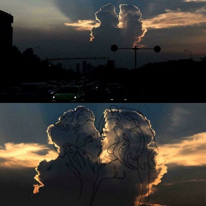 Cloud formation resembling a kissing couple with pareidolia